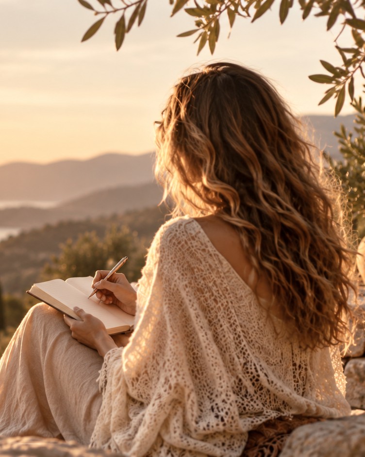 Femme assise au coucher du soleil, carnet de réflexion à la main